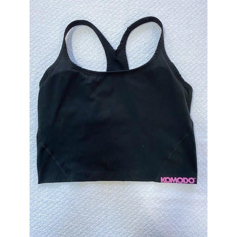 Komodo Women’s Black Racerback Sports Bra Crop Tank Top - Pink Logo - Size Large